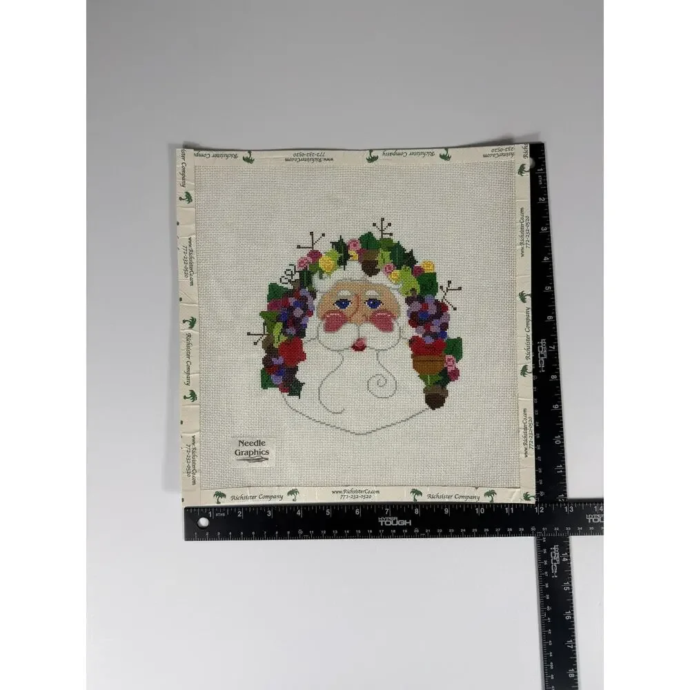 Needle Graphics Hand Painted Needlepoint Canvas Floral Santa Wreath Started WIP